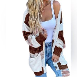 Women's Color Block Cardigan Long Sleeve Open Front Button Down with Pockets